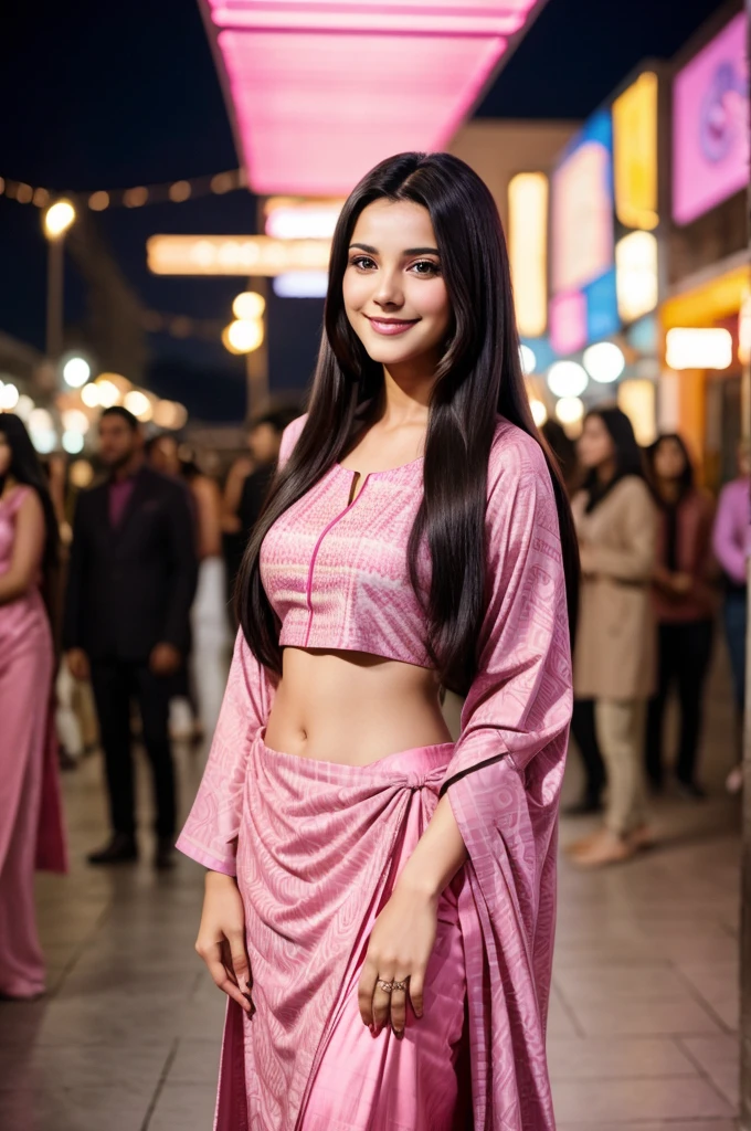 A young woman with long, dark hair smiles realistic actress slightly while wearing a pink, patterned salwaar. She stands outdoors with blurred lights and people in the background