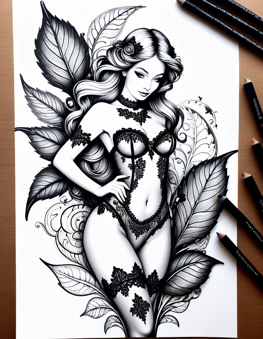 Sur une feuille de papier posée sur un grand bureau, Dessiner une figurine 4D de style encre uhd époustouflante et à couper le souffle, portant une sublime  en dentelle très détaillés, décolleté profond, dentelle fractal, effet holographique qui sort de la feuille de dessin, dessin extrêmement détaillé, hyperréaliste, Des détails sublimes. Un travail vraiment remarquable, travail joyeux et sensuel, (sublime poitrine effet push-up,la poitrine sort de la feuille de dessin), (elle marche hors de la feuille de dessin)