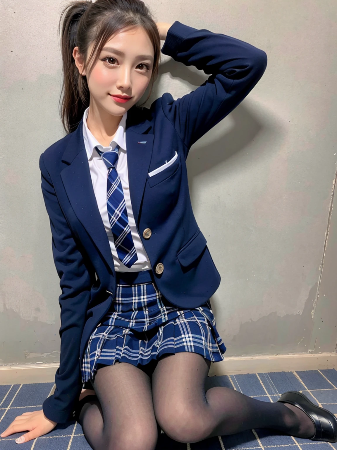 (8K), (Highest quality: 1.2), (Realistic), (Realistic: 1.37), Ultra-high resolution, (1 Girl), cute, smile, Mouth closed, Beautiful details, Beautiful Nose, Wet Hair, ponytail,Giant Dulcefo, pork, Thighs,Self Snap,University Uniforms,Simple(Navy Blue Blazer:1.2),Pleated skirt,(The skirt and tie are gray tartan check pattern......:1.3),(Sitting:1), Sit on the ground,(Hold my feet:1),(Pink Pantyhose),from the front,knees