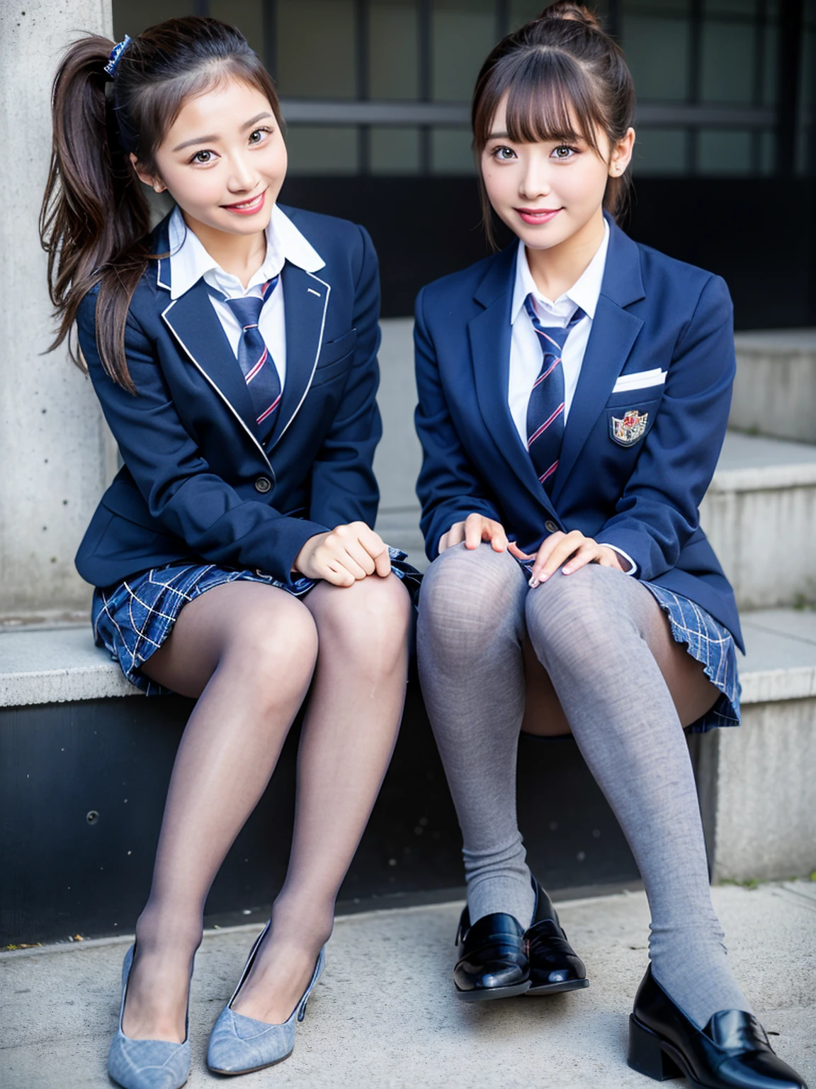 (8K), (Highest quality: 1.2), (Realistic), (Realistic: 1.37), Ultra-high resolution, (1 Girl), cute, smile, Mouth closed, Beautiful details, Beautiful Nose, Wet Hair, ponytail,Giant Dulcefo, pork, Thighs,Self Snap,University Uniforms,Simple(Navy Blue Blazer:1.2),Pleated skirt,(The skirt and tie are gray tartan check pattern......:1.3),(Sitting:1), Sit on the ground,(Hold my feet:1),(Pink Pantyhose),from the front,knees