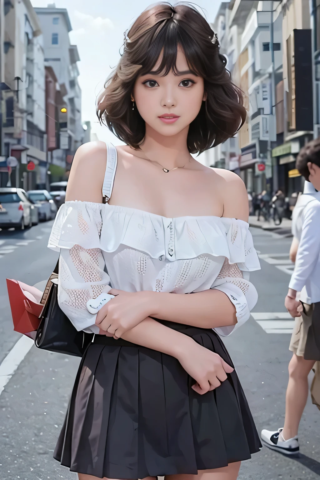 Highest quality, masterpiece, Ultra-high resolution, (Realistic: 1.4), RAW Photos, One girl, (Off the shoulder:1.3), Cinema Lighting, Kiss pose, skirt