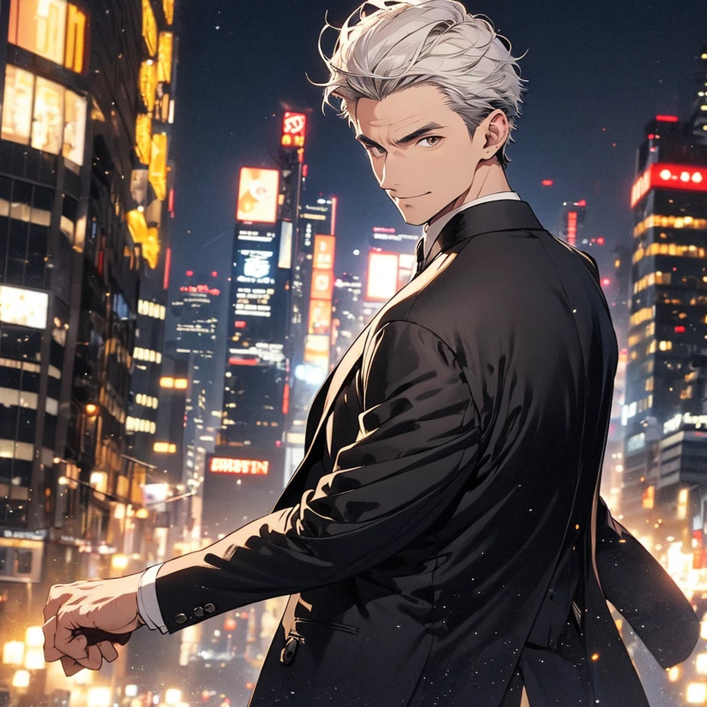 Half body , A man , with brown eyes and short Smoky white hair. wearing a black suit , city background at night, Look back.