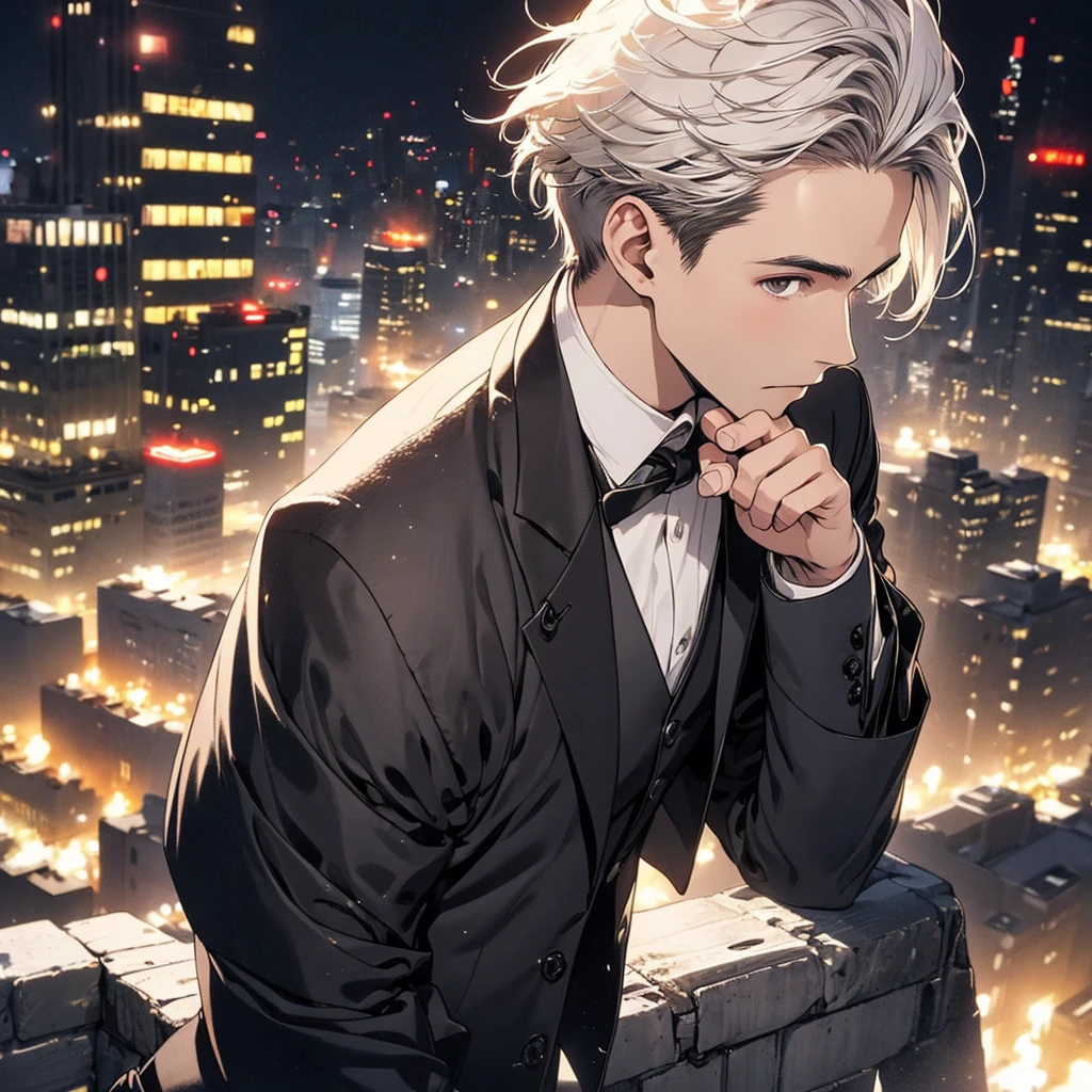 Half body , A man , with brown eyes and short Smoky white hair. wearing a black suit , city background at night, Look back.