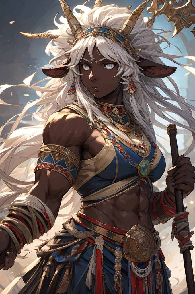 1 sheep woman, sheep's snout, shaman outfit, white hair, dark-skinned female, dark skin, anime art, holding an axe with both hands, muscular female, pointed nails, messy hair, white eyes, perfect eyes, original, (masterpiece), (illustration), (extremely fine and beautiful), perfect detailed, photorealistic, (beautiful and clear background:1.25), (depth of field:0.7)