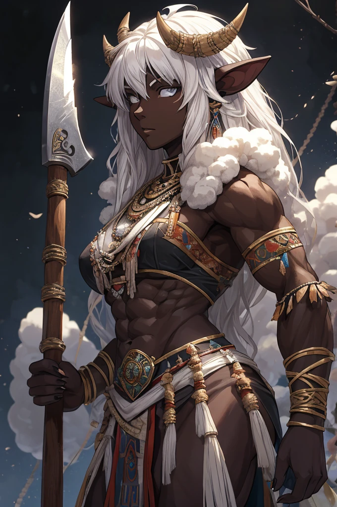 1 sheep woman, sheep's snout, shaman outfit, white hair, dark-skinned female, dark skin, anime art, holding an axe with both hands, muscular female, pointed nails, messy hair, white eyes, perfect eyes, original, (masterpiece), (illustration), (extremely fine and beautiful), perfect detailed, photorealistic, (beautiful and clear background:1.25), (depth of field:0.7)