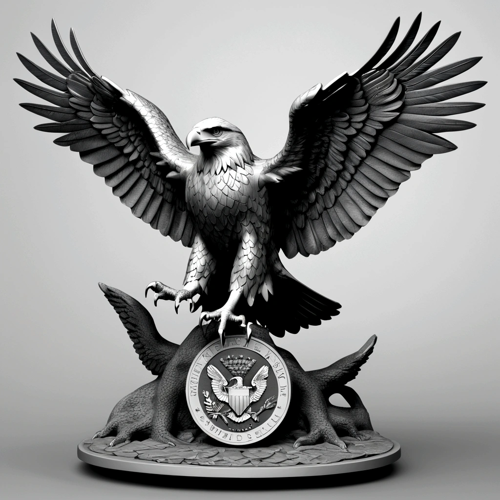 Grayscale 3D relief of a full body american Eagle. detailed scales and textures, high quality, 3D rendering, grayscale, relief art, CNC machine, detailed scales, realistic textures, professional, highres, ultra-detailed