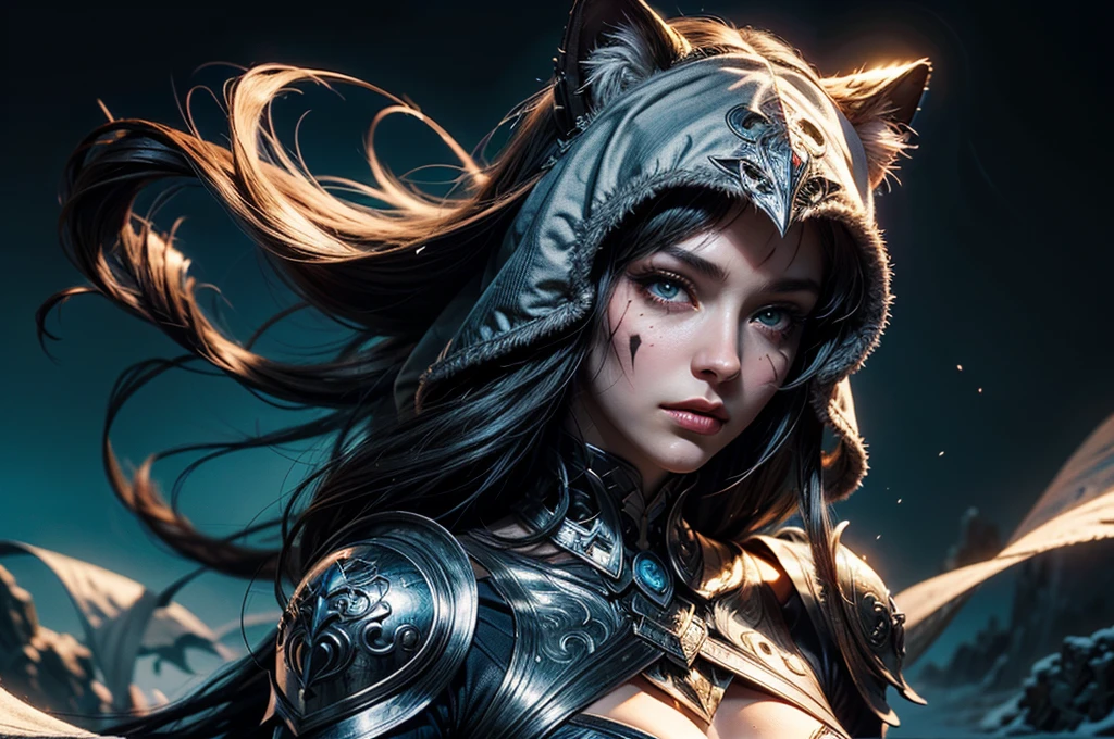 Ice wind dale covered with snow there stand female snow jaguar with cat ears that have lot of piercing, she have beatiful face yellow ember eyes, seductive face expression, she dressed in white with black spots furr clothing armor with mettalic claws covered with blood on her hands, her body cover with scars and tattoo, (ultra high quality fantasy art, dark fantasy style, masterpiece, ultra high quality character design, 8k quality anime art, realistic anime art, top quality wallpaper illustration, detailed ultra high quality accurate face, high quality design and accurate physic)