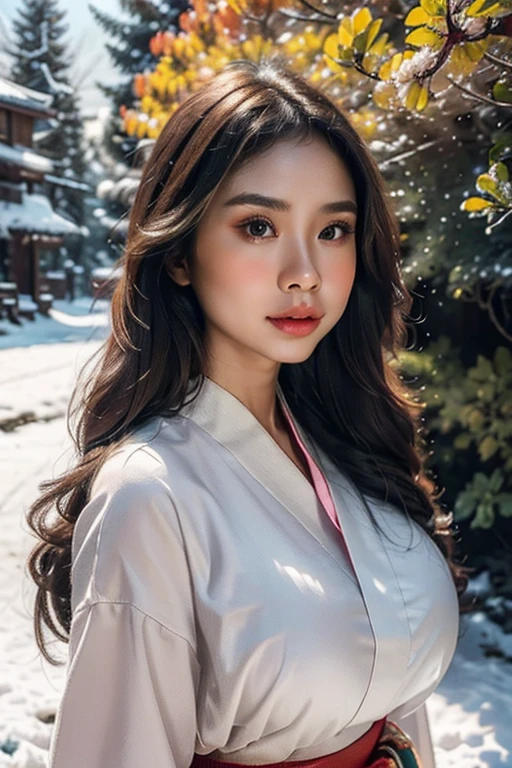 beautiful Japanese girl, cute face, delicate features, wearing traditional kimono, winter landscape, snow falling, pine trees, mountains in background, warm lighting, soft focus, intricate details, cinematic, photorealistic, award winning, (best quality,4k,8k,highres,masterpiece:1.2),ultra-detailed,(realistic,photorealistic,photo-realistic:1.37),detailed eyes,detailed lips,extremely detailed face,longeyelashes,elegant pose,serene expression