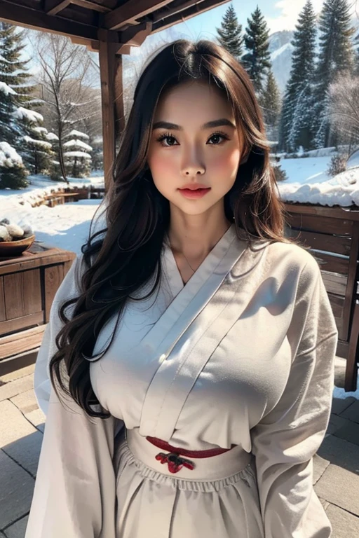 beautiful Japanese girl, cute face, delicate features, wearing traditional kimono, winter landscape, snow falling, pine trees, mountains in background, warm lighting, soft focus, intricate details, cinematic, photorealistic, award winning, (best quality,4k,8k,highres,masterpiece:1.2),ultra-detailed,(realistic,photorealistic,photo-realistic:1.37),detailed eyes,detailed lips,extremely detailed face,longeyelashes,elegant pose,serene expression