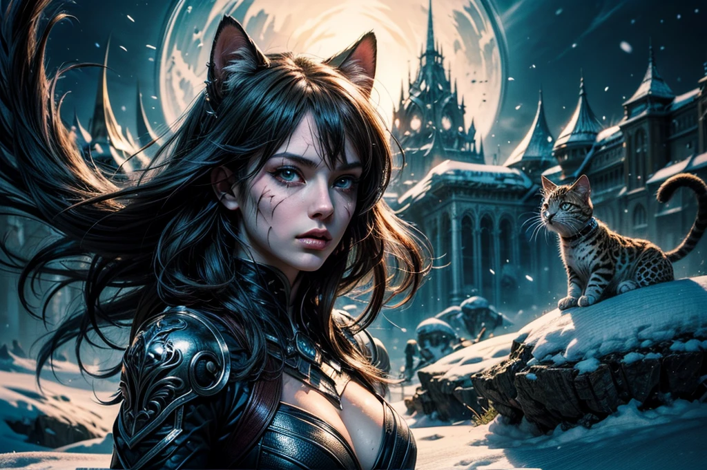 Ice wind dale covered with snow there stand female snow jaguar with cat ears that have lot of piercing, she have beatiful face yellow ember eyes, seductive face expression, she dressed in white with black spots furr clothing armor with mettalic claws covered with blood on her hands, her body cover with scars and tattoo, (ultra high quality fantasy art, dark fantasy style, masterpiece, ultra high quality character design, 8k quality anime art, realistic anime art, top quality wallpaper illustration, detailed ultra high quality accurate face, high quality design and accurate physic)