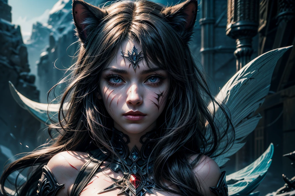 Ice wind dale covered with snow there stand female snow jaguar with cat ears that have lot of piercing, she have beatiful face yellow ember eyes, seductive face expression, she dressed in white with black spots furr clothing armor with mettalic claws covered with blood on her hands, her body cover with scars and tattoo, (ultra high quality fantasy art, dark fantasy style, masterpiece, ultra high quality character design, 8k quality anime art, realistic anime art, top quality wallpaper illustration, detailed ultra high quality accurate face, high quality design and accurate physic)