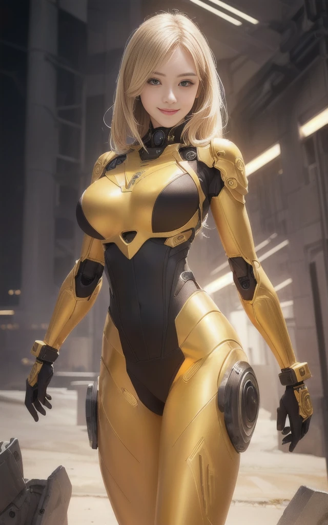 a beauty girl, cyborg, golden zerosuit, bobhair, smile, stunning proportions, large breasts, photorealistic, intricate details, breastplate, shoulderplate