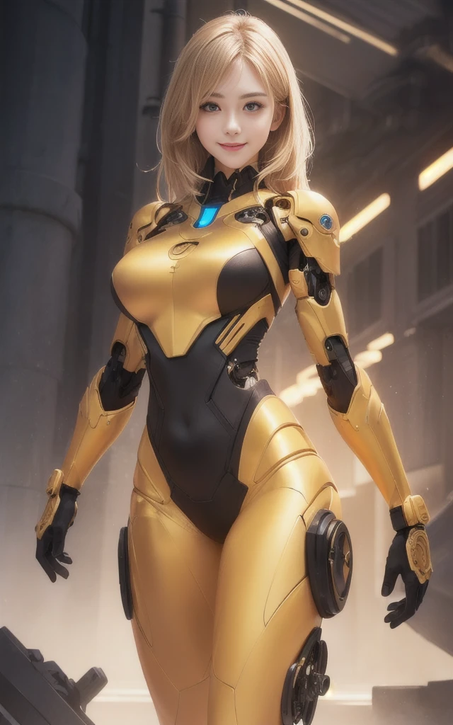 a beauty girl, cyborg, golden zerosuit, bobhair, smile, stunning proportions, large breasts, photorealistic, intricate details, breastplate, shoulderplate