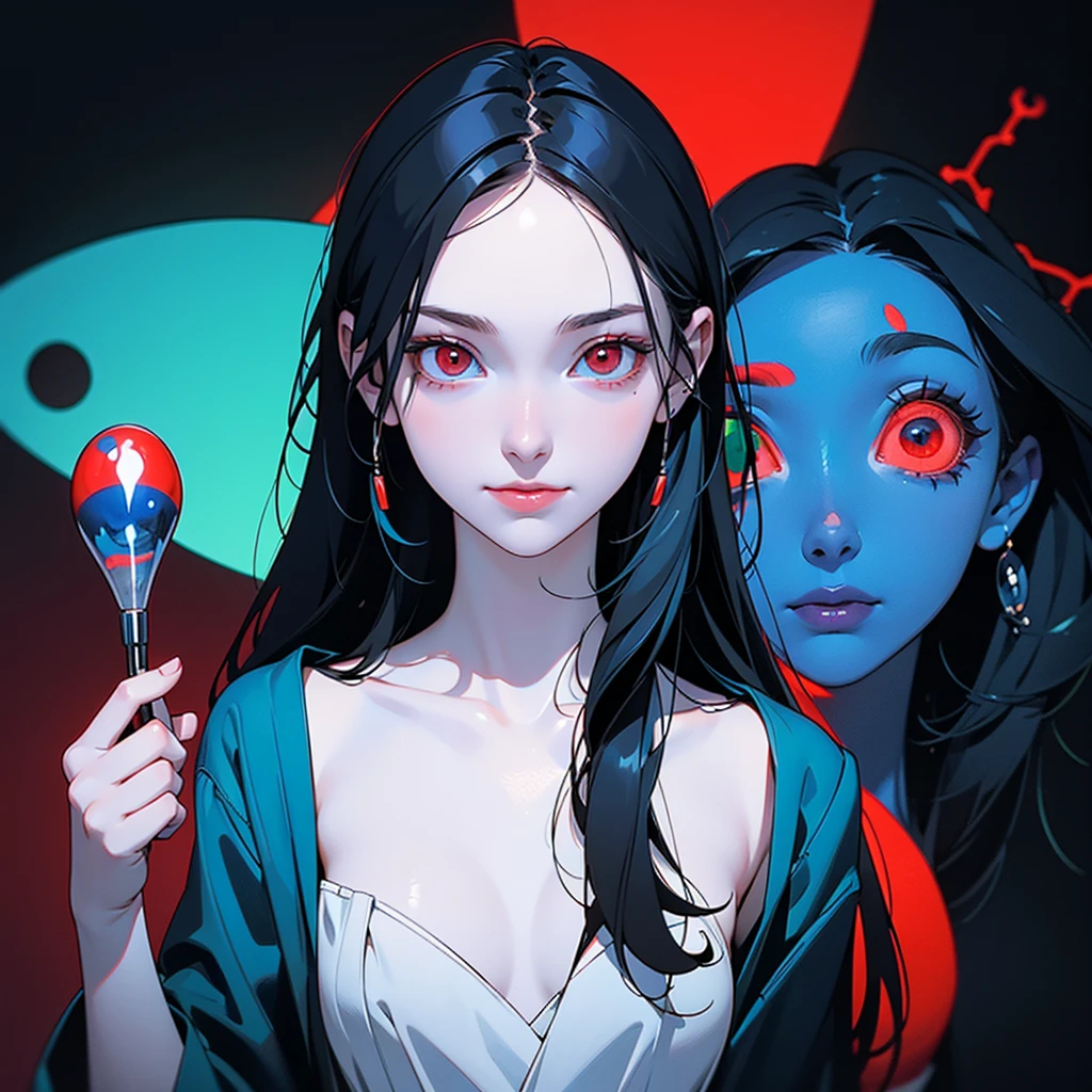 girl, holding a pot with many blue and red capsules, several blue and red capsules floating, slight smile, red eyes, very pale skin, black hair, green image background, madness and psychedelic image, various factors of madness and scrizophenia, elements of madness of the human mind.