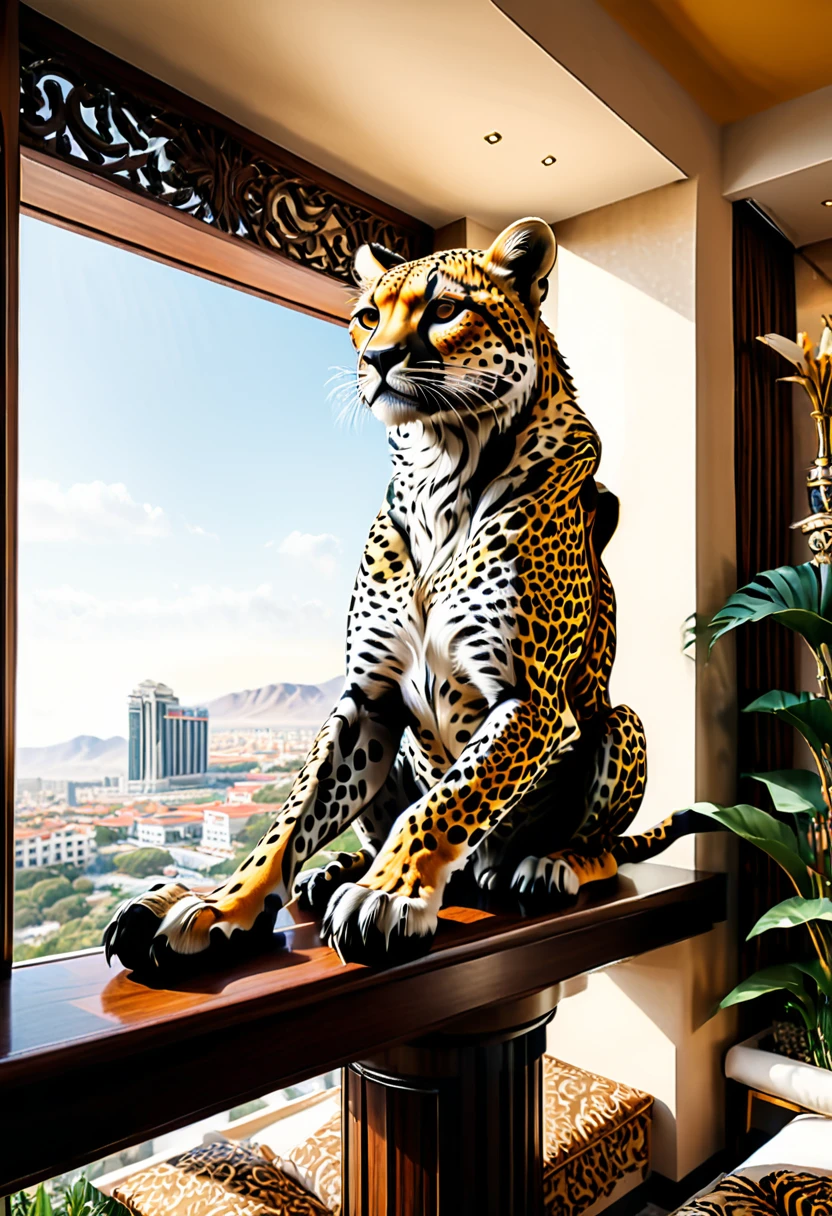 Photography style, a hotel suite with a cheetah theme, with a realistic cheetah sculpture sitting on the balcony. The interior decoration incorporates the colors and patterns of cheetahs, with the background of the hotel interior, panoramic, cinematic still, emotional, vignette, dynamic, vivid, (masterpiece, best quality, Professional, perfect composition, very aesthetic, absurdres, ultra-detailed, intricate details:1.3)