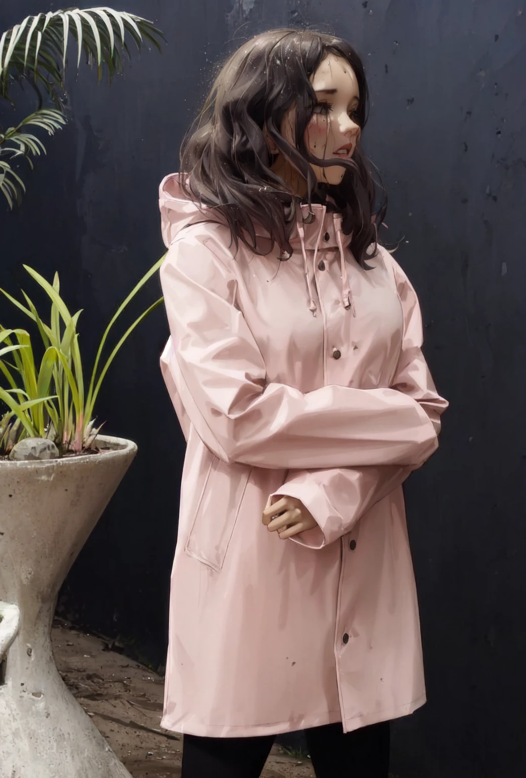 Light pink buttoned raincoat, wearing hood, muddy clothes, muddy raincoat, covered in mud