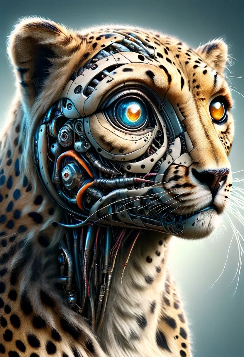 (raw photo, Best Quality, Masterpiece, Photorealistic, of the highest quality, Maximum image quality, high resolution, 8k, HD:1.2), plano general, whole body, ((a robotic cheetah:1.5, metal cheetah body and face:1.5 with cheetah spots:1.5, neon lights on its body, cables, robotic mechanisms, dynamic and crouching pose, perfect anatomy:1.5)), (best quality, 4k, 8k, High resolution, masterpiece: 1.2), ultra detailed, (Realistic, photoRealistic, photoRealistic: 1.37), cinematic lighting, highly detailed mechanical parts, dynamic action pose, elegant metallic texture, neon reflections bright, complex robotic features, advanced technology, futuristic cyberpunk, vibrant color palettevibrantes,ethereal lighting,sharp focus,ultra detailed,((Extremely detailed 8k unified CG wallpaper)), surreal and dreamlike textures,magical and mysterious essence,unexplored and undiscovered wonders,sculptural and abstract elements,transcendent composition, visual effects, Photorealistic, digital composition master class