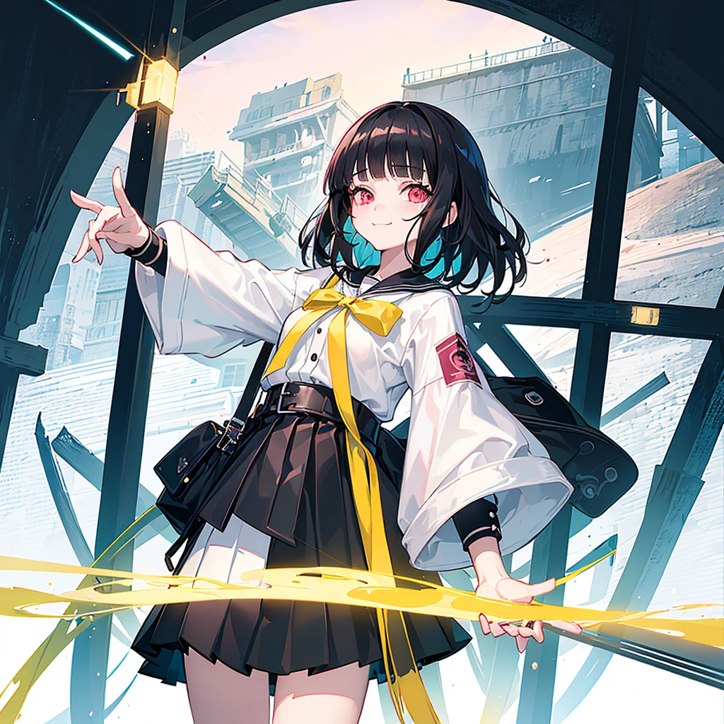 ((city background)),original,(illustration:1.1),(best quality),(masterpiece:1.1),(extremely detailed CG unity 8k wallpaper:1.1), (colorful:0.9),(mid shot:0.95),(highly detailed beautiful face and body),(solo:1.2), (girl),(), (detailed beautiful eyes:1.15), (beautiful face:1.15), (glowing red eyes:1.25////),((jewel-like eyes)),(petite),(cute girl),(((black medium hair))),pink inner color,((blunt bangs,)),(+perfect hand+:1.21),(Religious),(slender),(black clothes),small ,,slim body,(smile),fashion,tokyo,harajuku,(black school uniform),