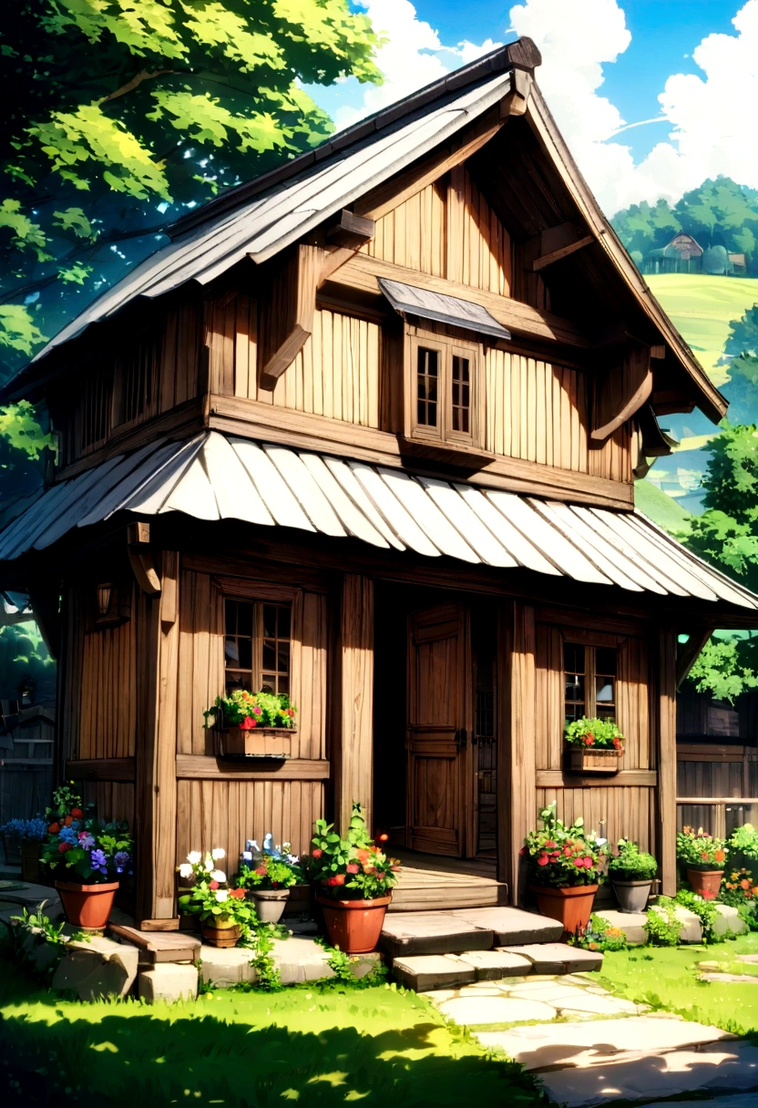 Small wooden hut and farms with gardens in midieval century. Approaching perfection, Long take shot, Ultra detailed, smooth, HD resolution. Niji-5