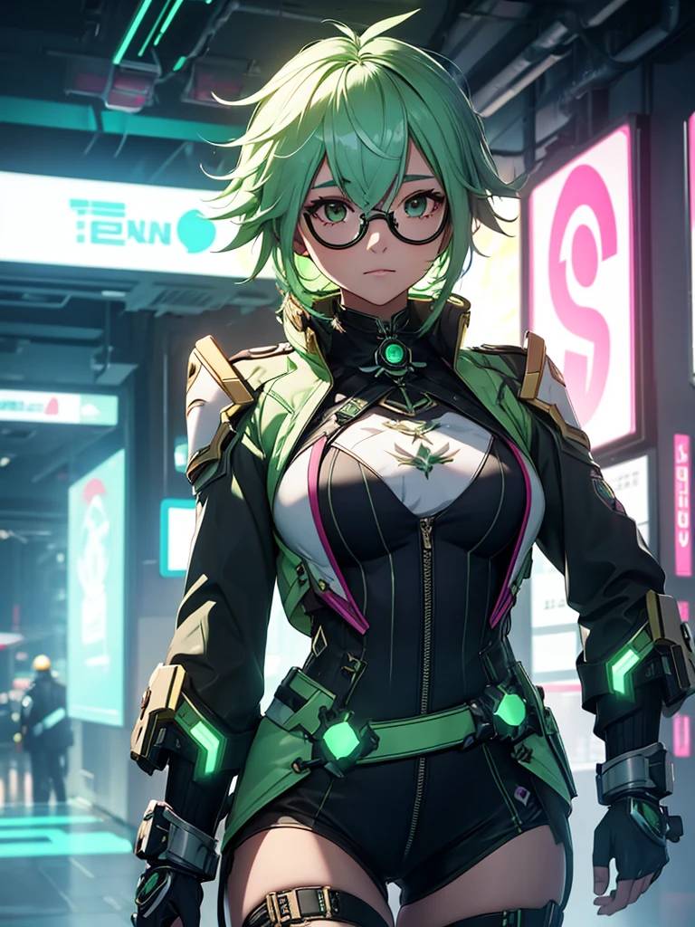 Sucrose from Genshin impact, 1girl, wearing a futuristic outfit, cyberpunk outfit, at a future city, cyberpunk look, light green colour hair, round spectacles, 8k, high detailed, high quality
