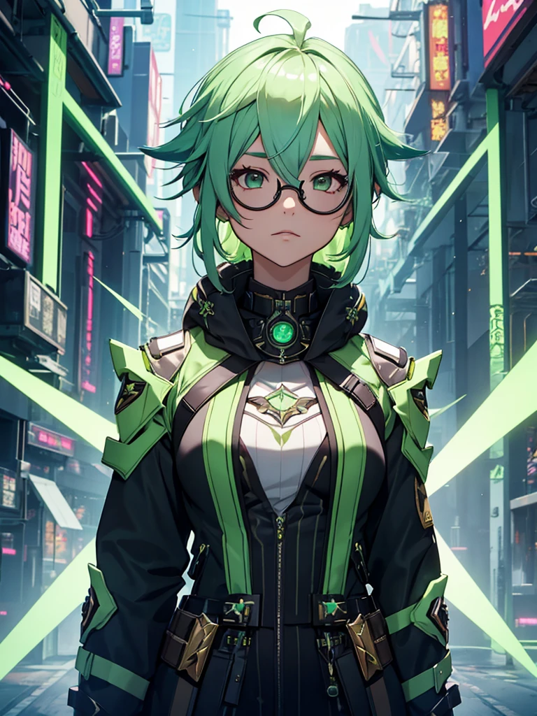 Sucrose from Genshin impact, 1girl, wearing a futuristic outfit, cyberpunk outfit, at a future city, cyberpunk look, light green colour hair, round spectacles, 8k, high detailed, high quality
