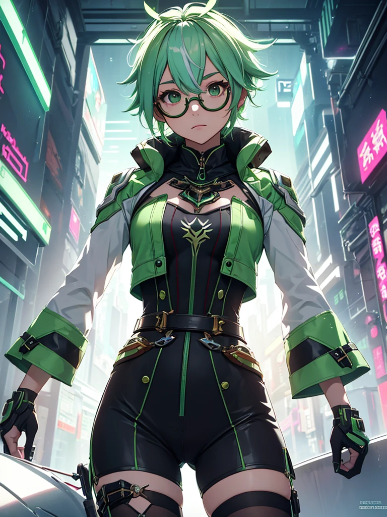 Sucrose from Genshin impact, 1girl, wearing a futuristic outfit, cyberpunk outfit, at a future city, cyberpunk look, light green colour hair, round spectacles, 8k, high detailed, high quality
