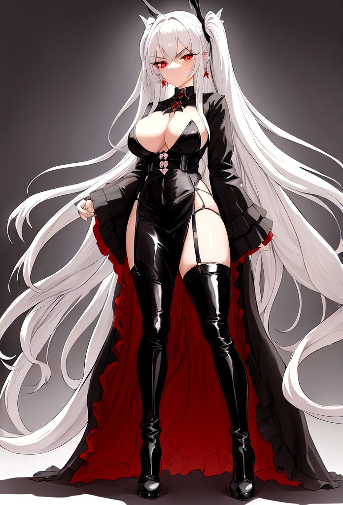 Girl, 20 years old, with long white hair down to below her waist, a serious yet tender expression, and red eyes. Her hair features black streaks. She wears antique-style clothing, a long black dress with a slit on the legs, and high black boots that almost reach her knees. Her power and background are related to shadows and darkness. dark escense, figth stance