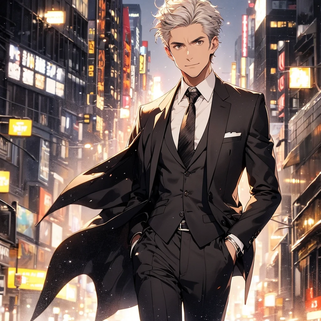 Half body , A man , with  brown eyes  and short Smoky white hair. wearing a black suit , city background at night, Look back. Handsome
