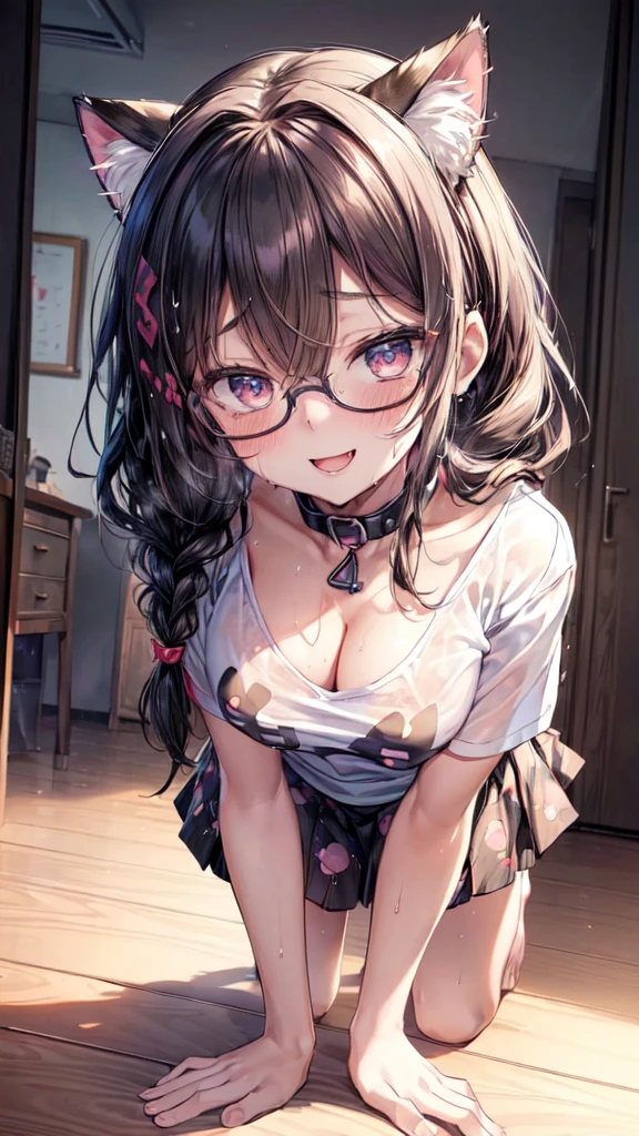 (Ultra-high resolution of the highest quality, masutepiece, Best Quality, 8K, Super Detail, Best Quality:1.3), (Anatomically correct:1.2), (1 girl:1.2), (junior high school student:1.6), (middle breasts:1.2), (drooping eyes:1.3), (blush cheek, blush body:1.3), (wavy hair, braid hair:1.2), (long hair:1.2), (black hair:1.2), (cat ear band:1.4), (glasses:1.3), (collar:1.3), (printed t-shirt, skirt:1.6), (girl's own room:1.4), front view, Extremely cute, (extremely detailed beautiful face), Authentic skin texture, beautiful hair, beautiful face, beautiful eyes, beautiful body, beautiful hands, (sexual aroused, naughty face, seductive smile, trance, orgasm:1.8), (steam:1.4), (sweat:1.6), (hair over eyes:1.3), (looking up:1.3), (open mouth:1.4), (face focus:1.6), cleavage breasts focus, (from above:1.4), (all fours:1.6)