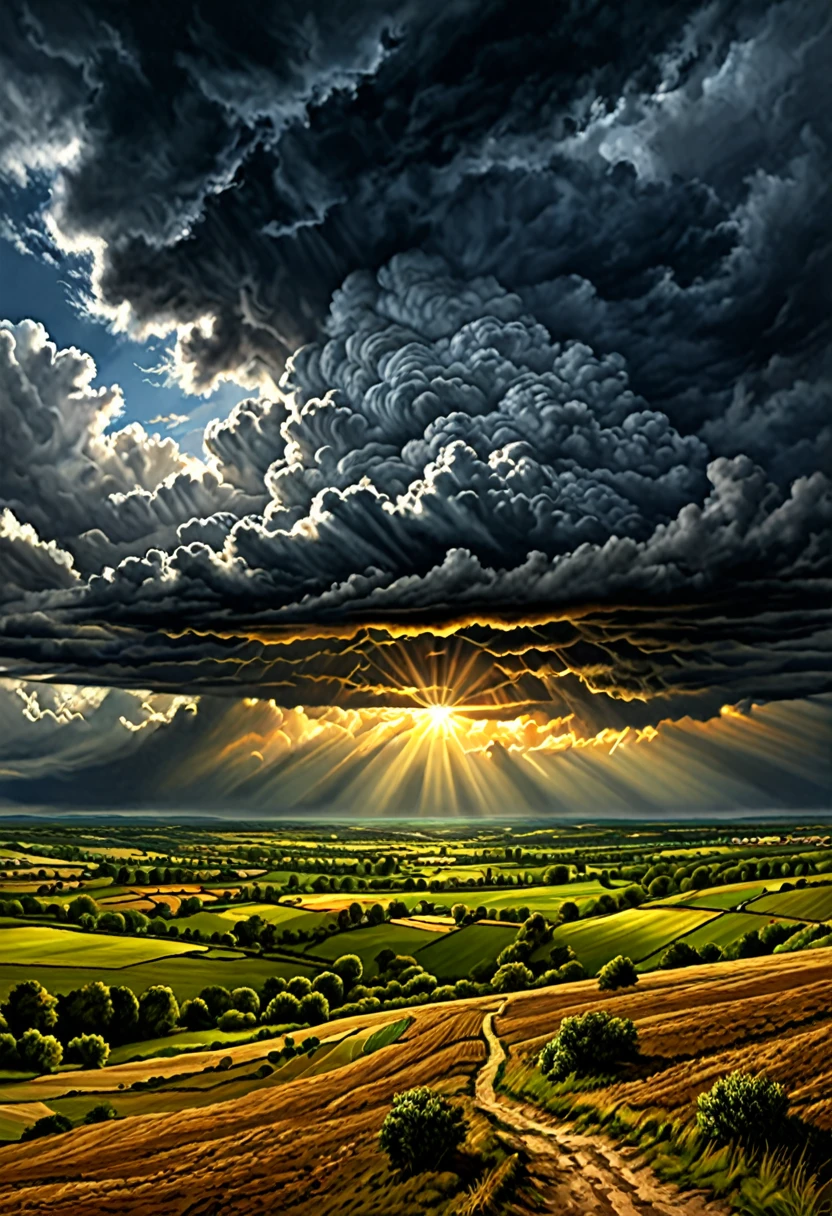 (sun shining above), (dark, threatening clouds below), (realistic), (digital painting), (high resolution), (ultra-detailed), (masterpiece quality),