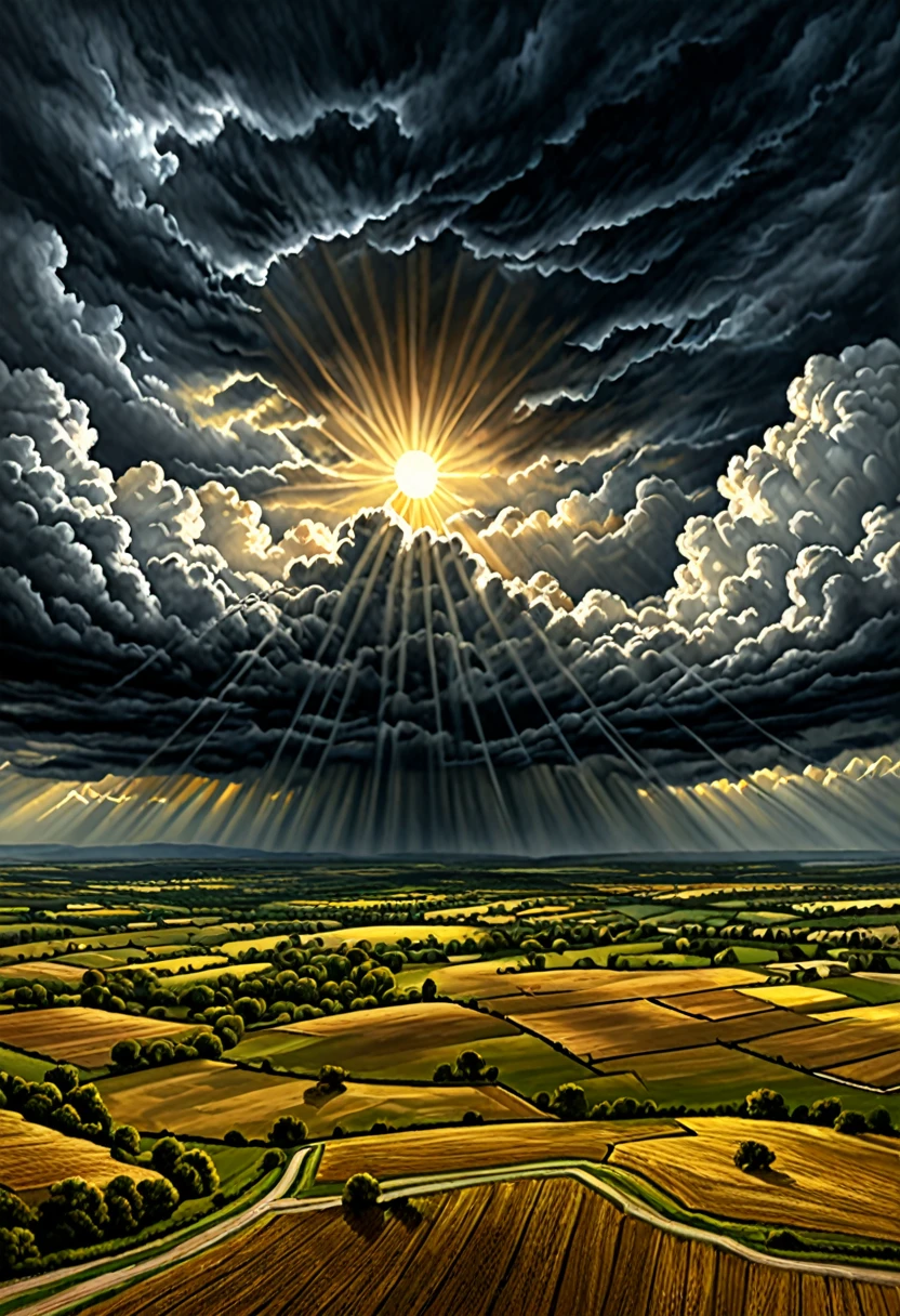 (sun shining above), (dark, threatening clouds below), (realistic), (digital painting), (high resolution), (ultra-detailed), (masterpiece quality),