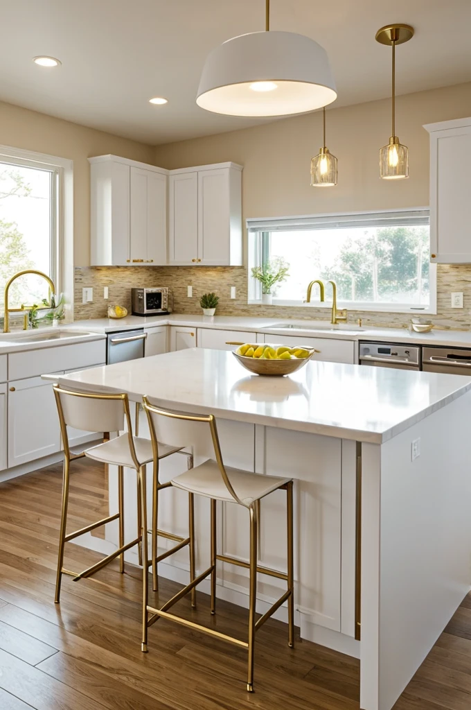 Recreate a kitchen with white shaker-style cabinets that reach the ceiling, a center island with a white quartz countertop and bar chairs with gold legs. The island has a sink and space for food preparation, with golden hanging lamps above. The walls are a light beige tone and there is a large window that lets in a lot of natural light. The appliances are stainless steel, and there are LED lights under the cabinets to illuminate work surfaces.