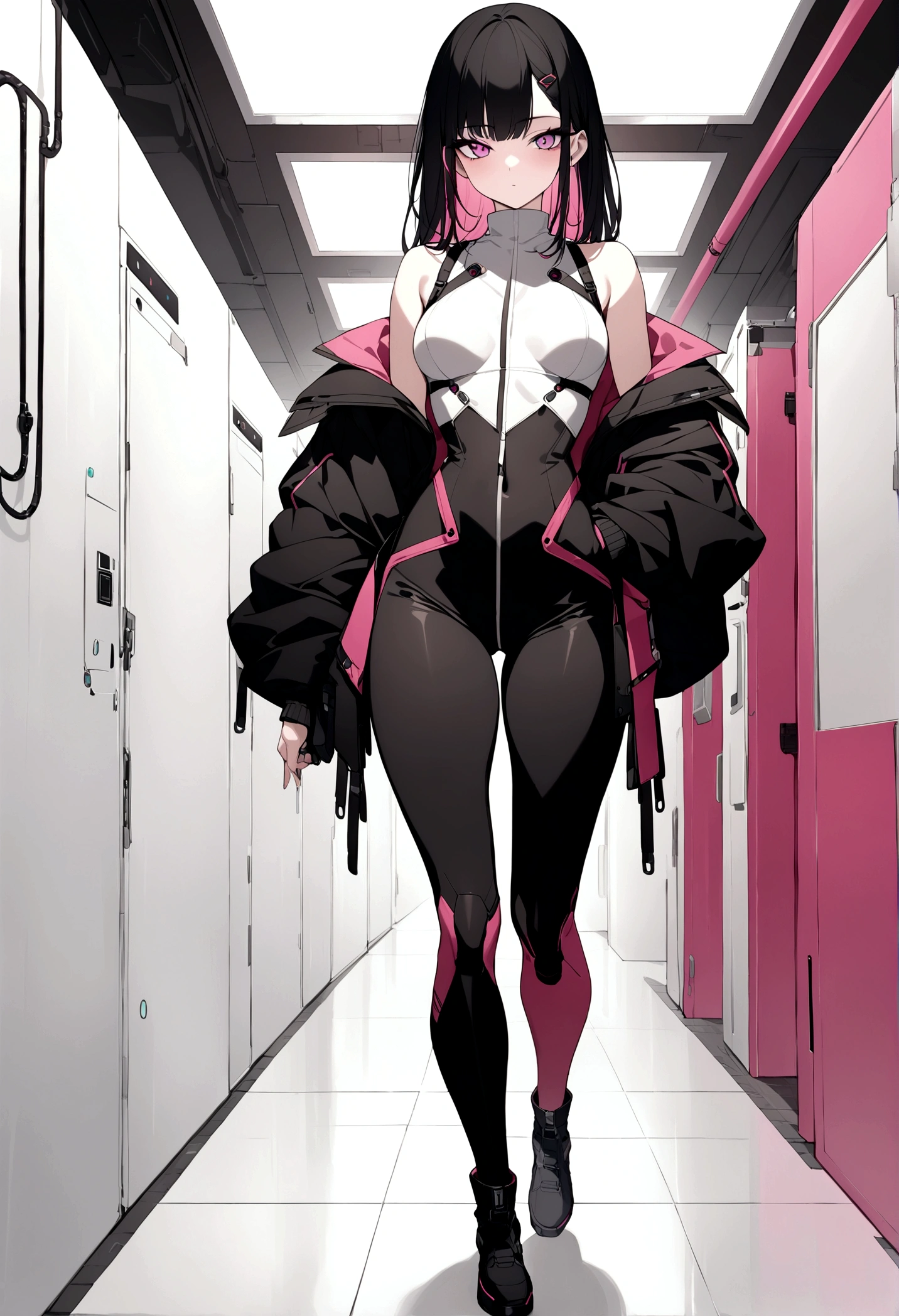 (masterpiece, 32k, 8k, white laboratory corridor setting, character walking towards the viewer) woman, 26 years old, naturally beautiful face, long black hair with pink highlights, cyberpunk outfit, eyes of different colors