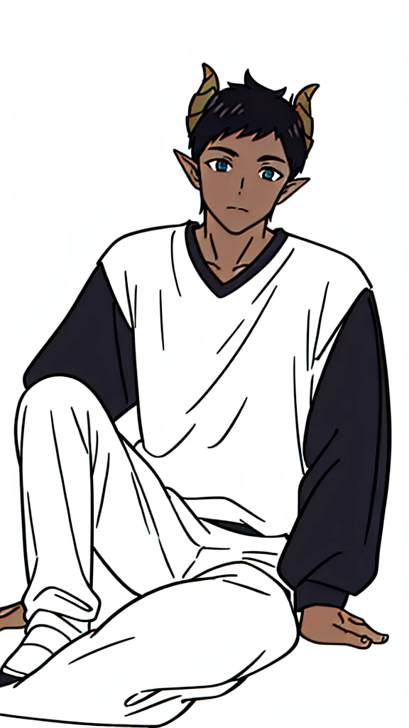 (1boy,15 years old,solo,teen),((dark skin)),rural shirt,short hair,black hair,elf ears,(horns),(white background,line drawing),from side, sitting,full body,