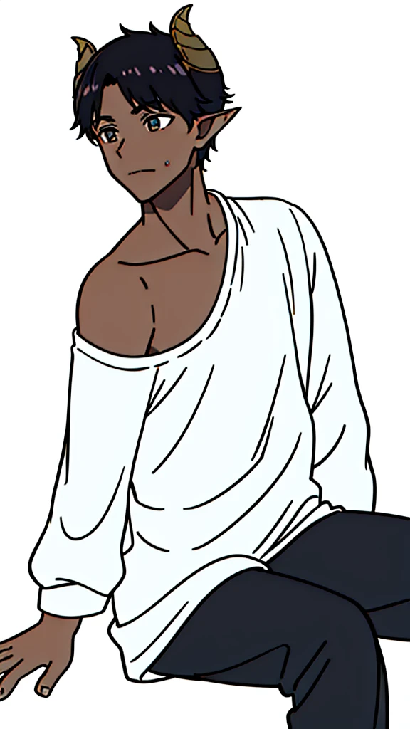 (1boy,15 years old,solo,teen),((dark skin)),rural shirt,short hair,black hair,elf ears,(horns),(white background,line drawing),from side, sitting,full body,