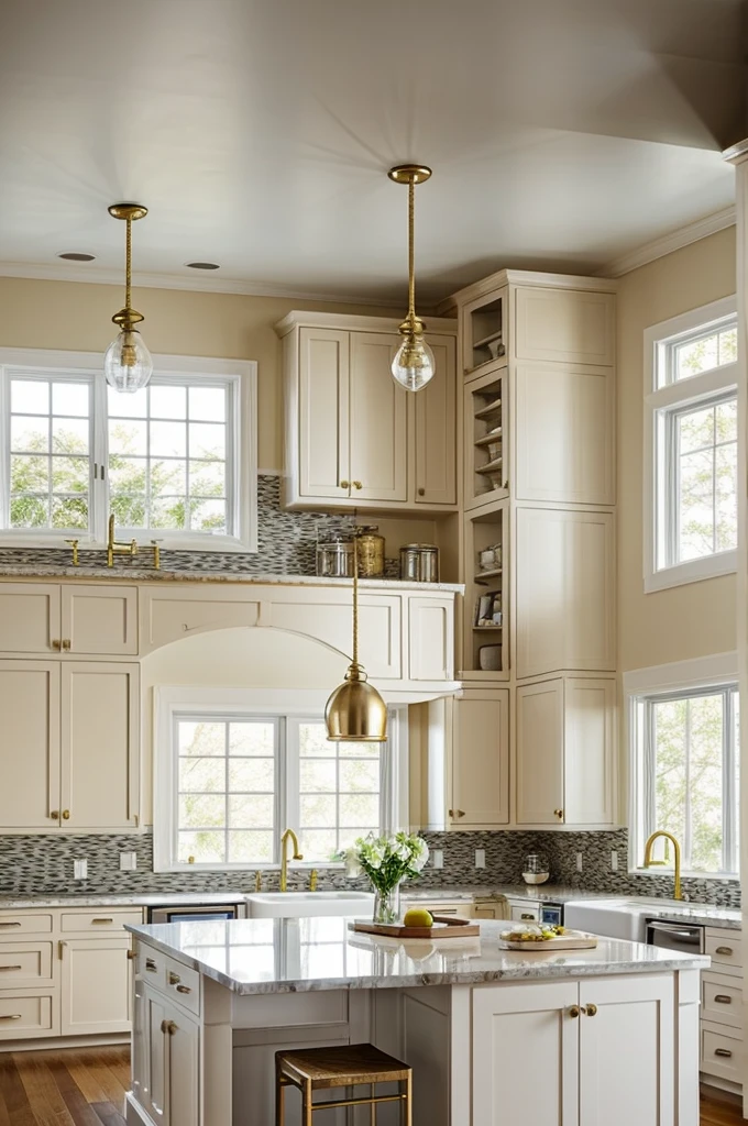 Recreate a kitchen with white shaker-style cabinets that reach the ceiling, a center island with a white quartz countertop and bar chairs with gold legs. The island has a sink and space for food preparation, with golden hanging lamps above. The walls are a light beige tone and there is a large window that lets in a lot of natural light. The appliances are stainless steel, and there are LED lights under the cabinets to illuminate work surfaces.