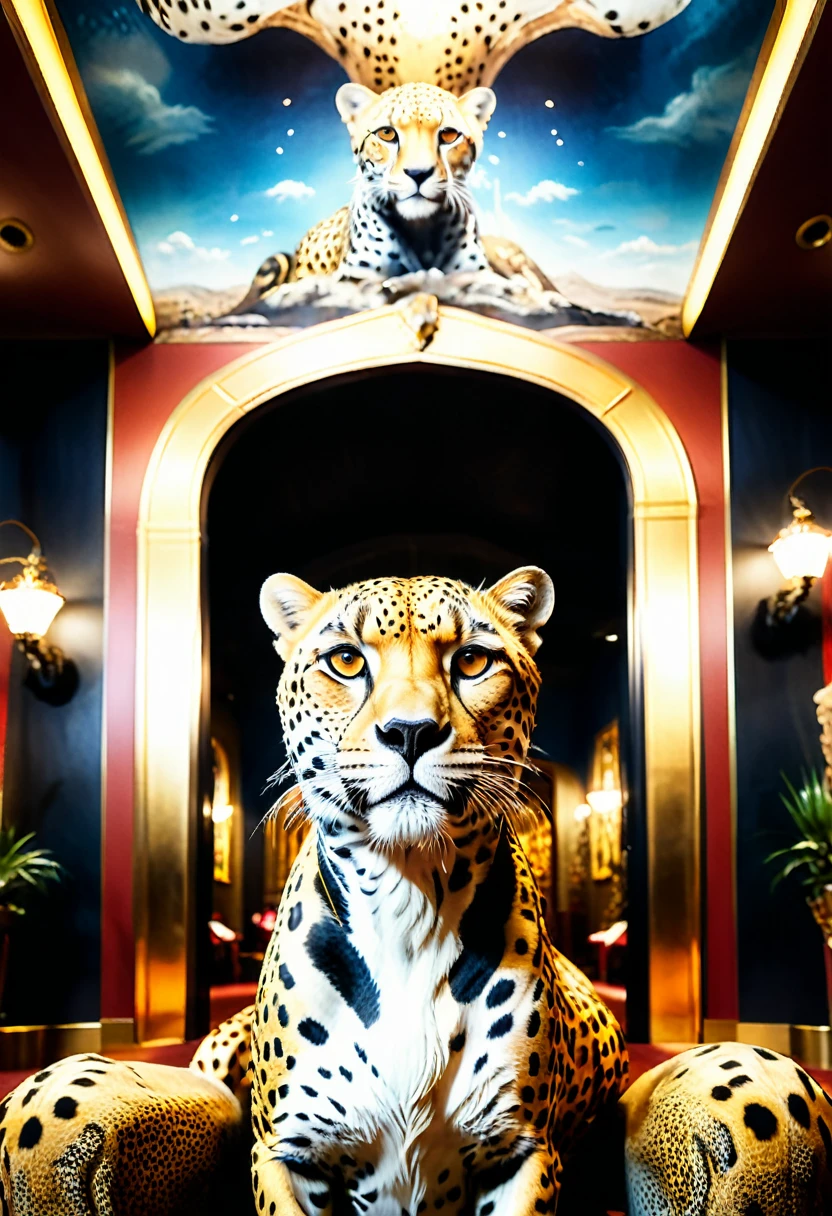 Photography style, a movie hall with a cheetah theme, with a realistic cheetah sculpture at the entrance and interior decoration featuring cheetah elements. The background is the interior of the movie hall, panoramic, cinematic still, emotional, vignette, dynamic, vivid, (masterpiece, best quality, Professional, perfect composition, very aesthetic, absurdres, ultra-detailed, intricate details:1.3)