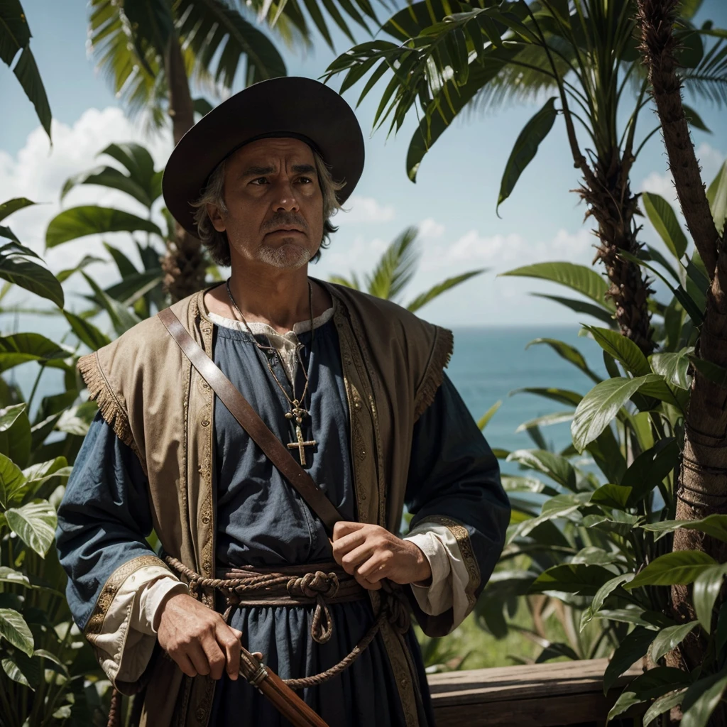 Hyper-realistic action scene in which Christopher Columbus closely examines the flora and fauna of America.. "Adds extremely precise details to plants., animals, and the shocked expression on Columbus's face, 8k, cinematic light, realistic photo, octane rendering, in focus, Masterpiece, 35mm,