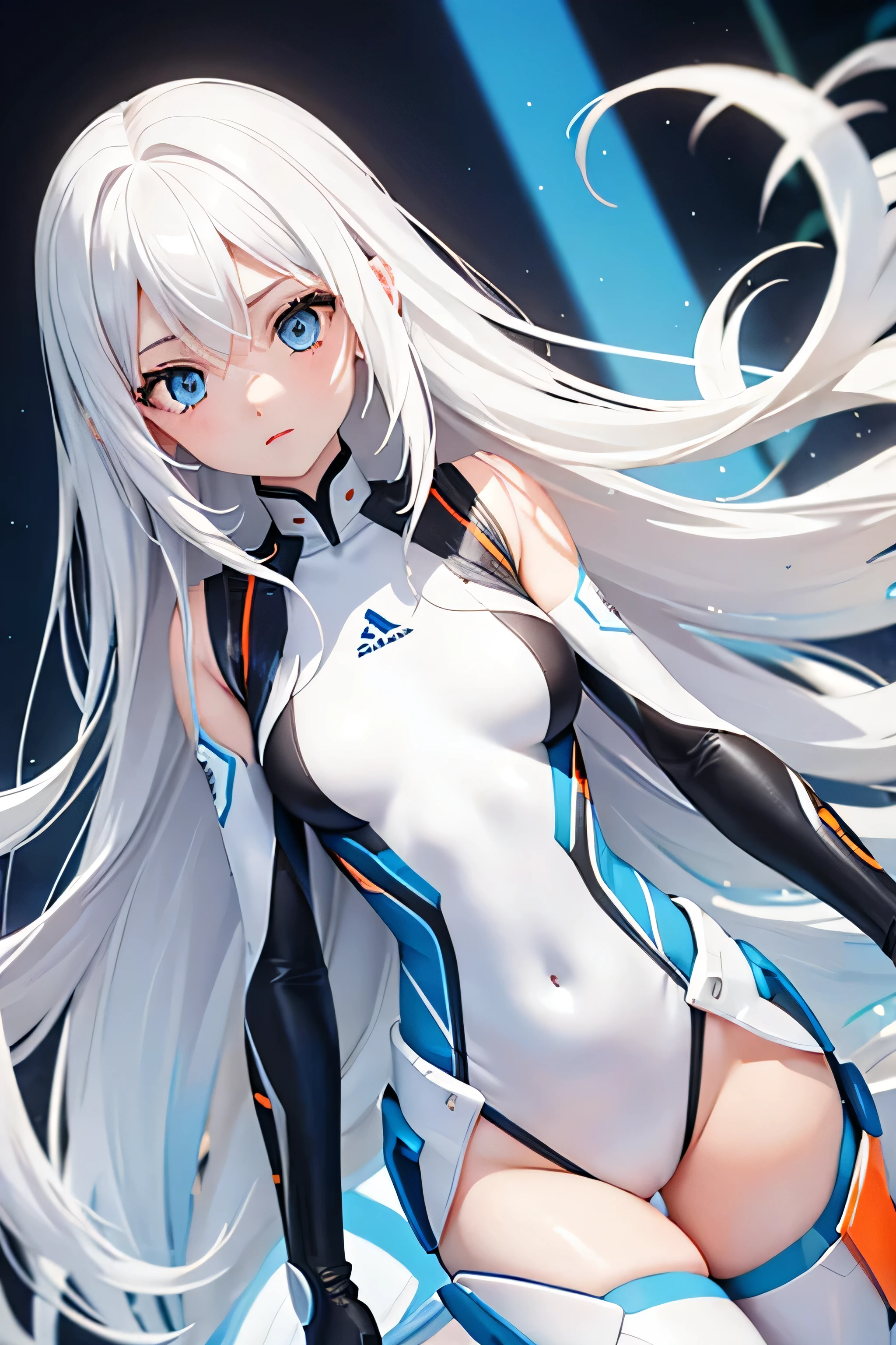 White-haired girl long hair blue eyes white tight suit with orange and black highlights