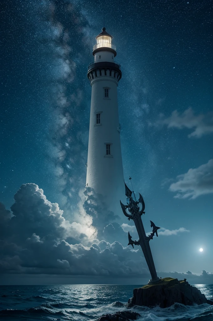 A large illuminated lighthouse, with a Triton holding a trident in the sea looking at the lighthouse, on a beautiful starry night