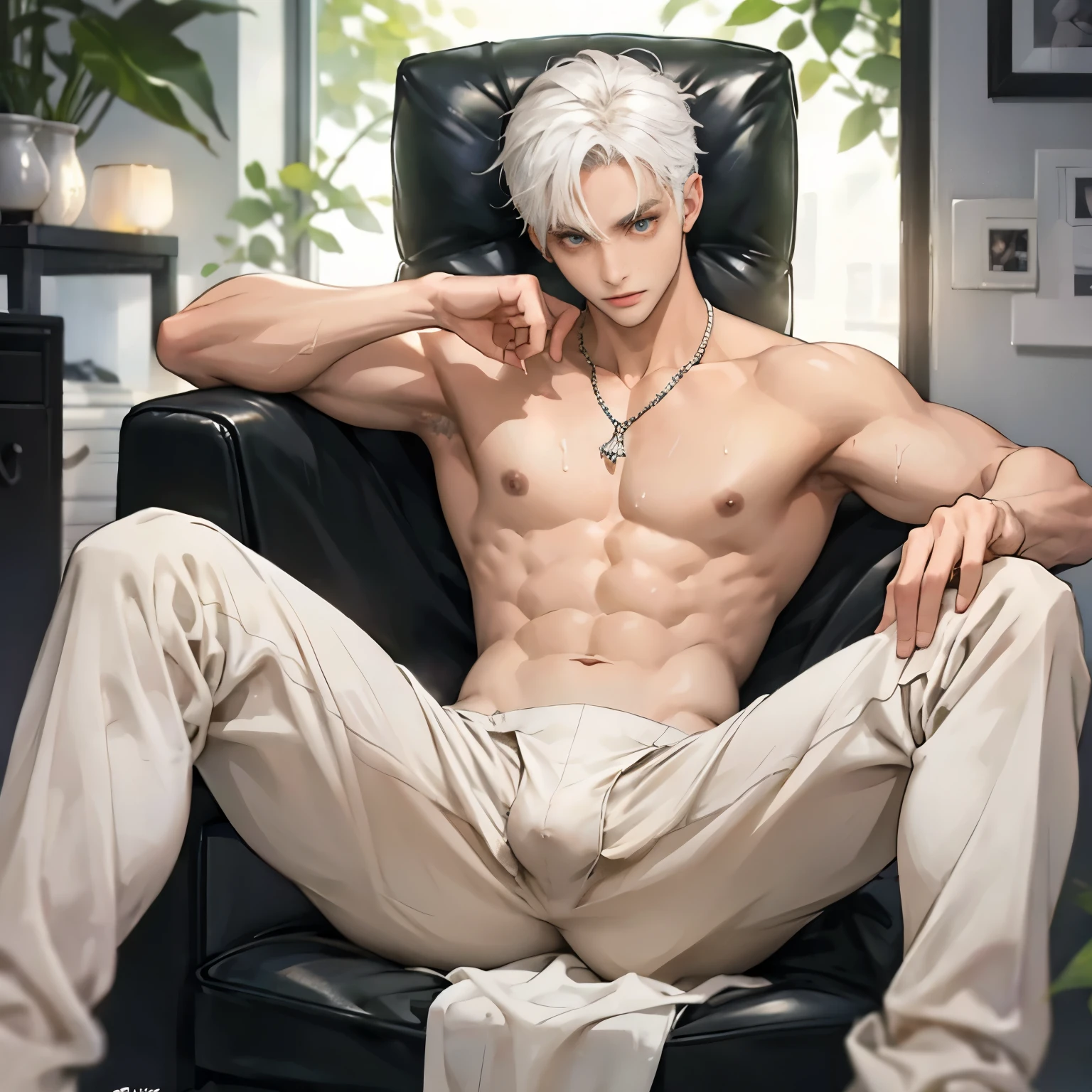 a naked demon boy , white hair , sexly , The cleavage is very attractive , Naked,Only white thongs were worn, sweat , big , big bulge , spread legs , Looking from the bottom up ,