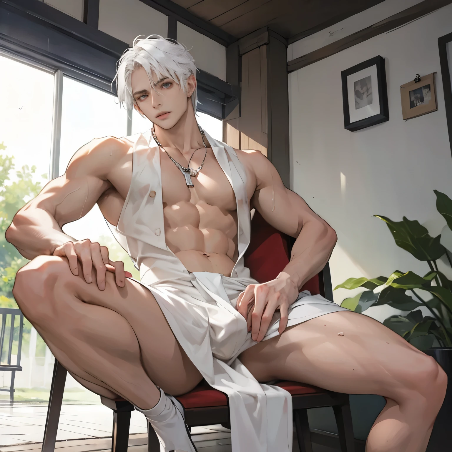 a naked demon boy , white hair , sexly , The cleavage is very attractive , Naked,Only white thongs were worn， sweat , big , big bulge , spread legs , Looking from the bottom up , 