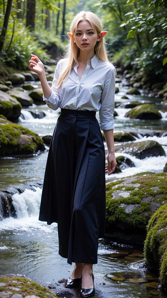 UltraHD, Highest Photo resolution, Realistic, Cinematic, Cabin in the woods with stream and creek, a beautiful white haired elf