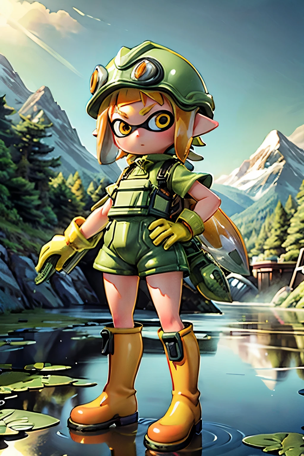 masterpiece、Highest quality、High resolution、Ultra-detailed artwork、Real Anime、3d、Splatoon girl wearing construction work clothes、Orange binder、Green rubber boots、Green rubber gloves、orange helmet、Dam construction、Standing on water、Waterlogged ground、Golden Eyes、Golden tentacle hair、Daytime、The background is the water surface of the dam and the mountains、