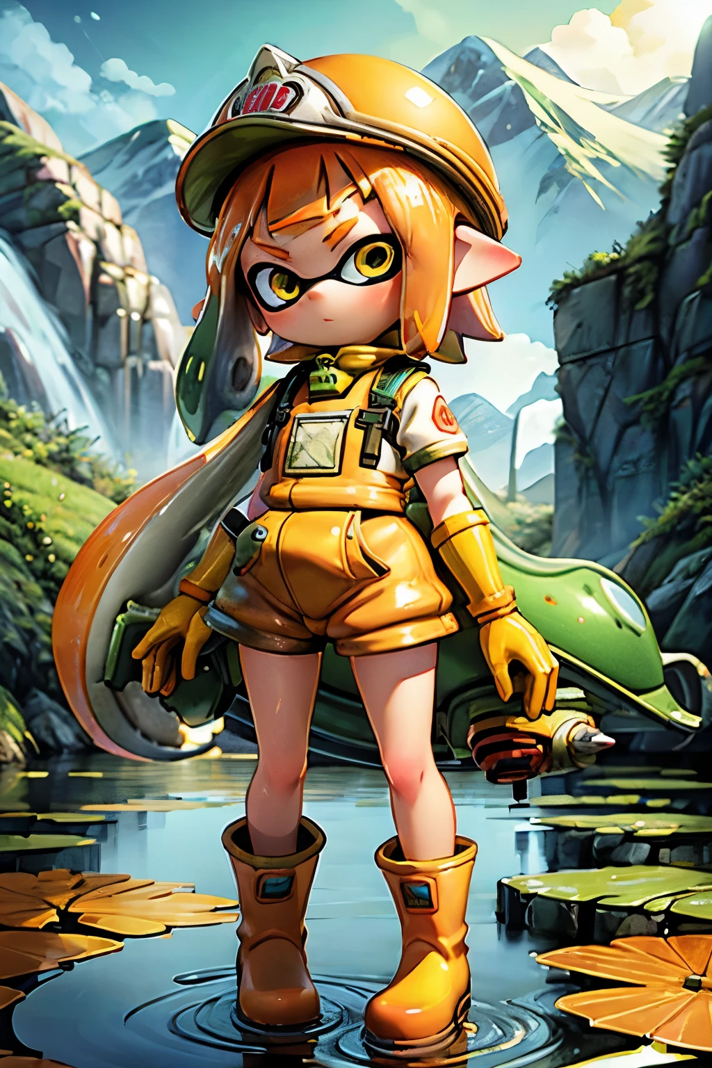masterpiece、Highest quality、High resolution、Ultra-detailed artwork、Real Anime、3d、Splatoon girl wearing construction work clothes、Orange binder、Green rubber boots、Green rubber gloves、orange helmet、Dam construction、Standing on water、Waterlogged ground、Golden Eyes、Golden tentacle hair、Daytime、The background is the water surface of the dam and the mountains、