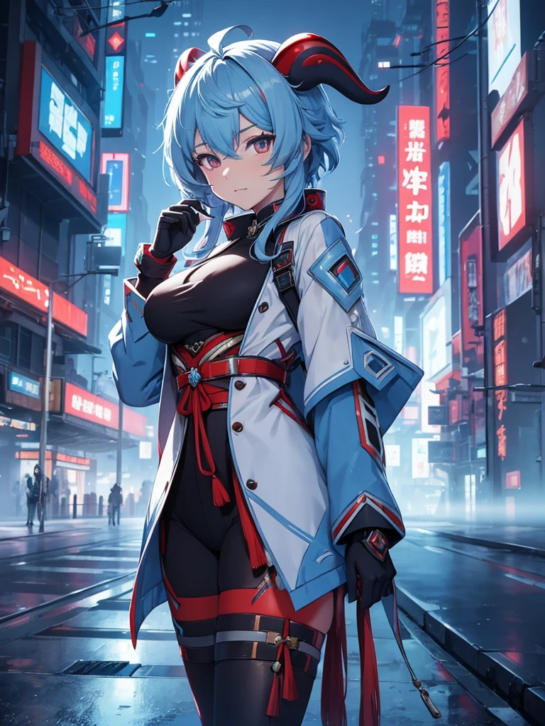 Ganyu from Genshin impact, 1girl, wearing a futuristic outfit, cyberpunk outfit, at a future city, cyberpunk look, light blue colour hair, red horns, 8k, high detailed, high quality