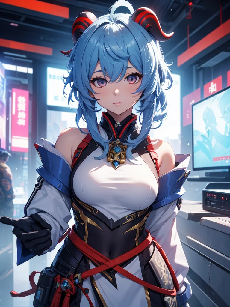Ganyu from Genshin impact, 1girl, wearing a futuristic outfit, cyberpunk outfit, at a future city, cyberpunk look, light blue colour hair, red horns, 8k, high detailed, high quality