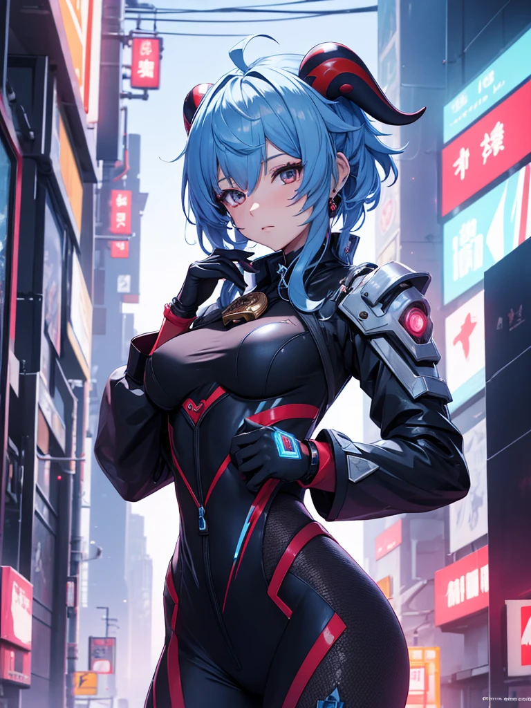 Ganyu from Genshin impact, 1girl, wearing a futuristic outfit, cyberpunk outfit, at a future city, cyberpunk look, light blue colour hair, red horns, 8k, high detailed, high quality
