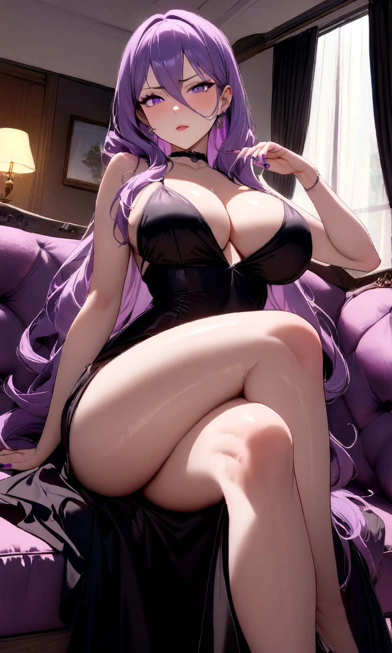 1 woman, mature, busty, beautiful, tall, attractive, , ((Long hair))((pink and purple hair)), ((violet eyes))((purple nails)), ((Woman wear black dress, black choker)), ((living room, sitting on sofa)), looking at viewer, angry, crossing legs, 8k, masterpiece, ray tracing