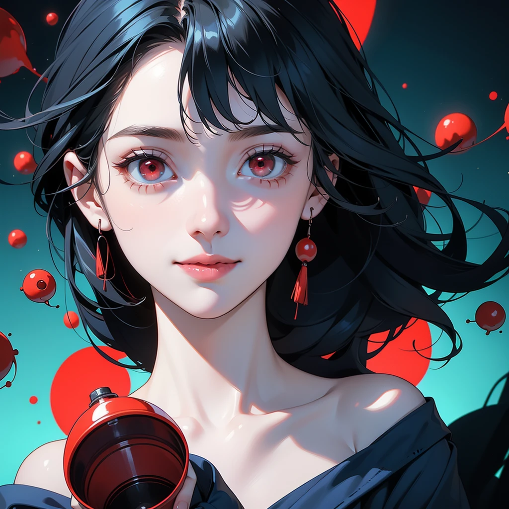 girl, holding a pot with many blue and red capsules, several blue and red capsules floating, slight smile, red eyes, very pale skin, black hair, green image background, madness and psychedelic image, various factors of madness and scrizophenia, elements of madness of the human mind.